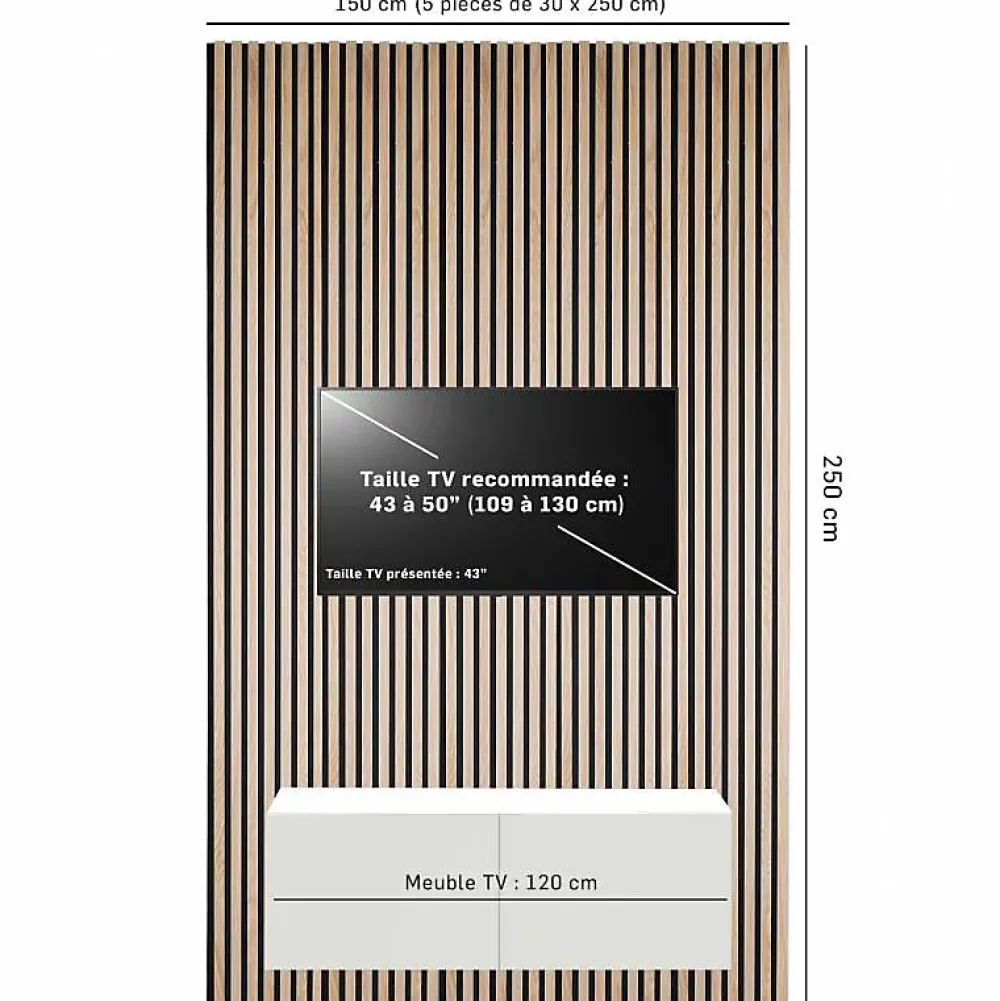 Decoon Panneau Tasseau Bois<Pack Acoustic Mur TV tasseaux bois - Lot de 5 panneaux 250x30x1,9 cm - Lamelles chêne clair véritable fond noir - 3,75m²