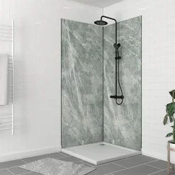 Galedo Pack de 2 panneaux muraux de salle de bains, vert effet pierre avec profilés noirs, l.90+90 x H.210 x P.0,3 cm, Homestone- Panneau Mural De Salle De Bains
