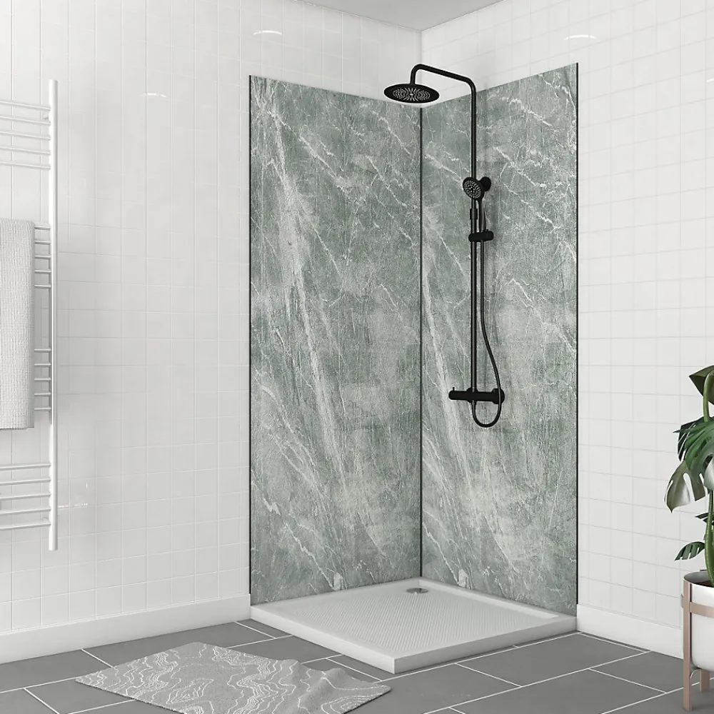 Galedo Pack de 2 panneaux muraux de salle de bains, vert effet pierre avec profilés noirs, l.90+90 x H.210 x P.0,3 cm, Homestone- Panneau Mural De Salle De Bains