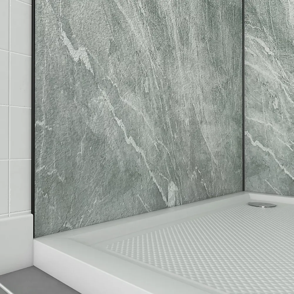 Galedo Pack de 2 panneaux muraux de salle de bains, vert effet pierre avec profilés noirs, l.90+90 x H.210 x P.0,3 cm, Homestone- Panneau Mural De Salle De Bains