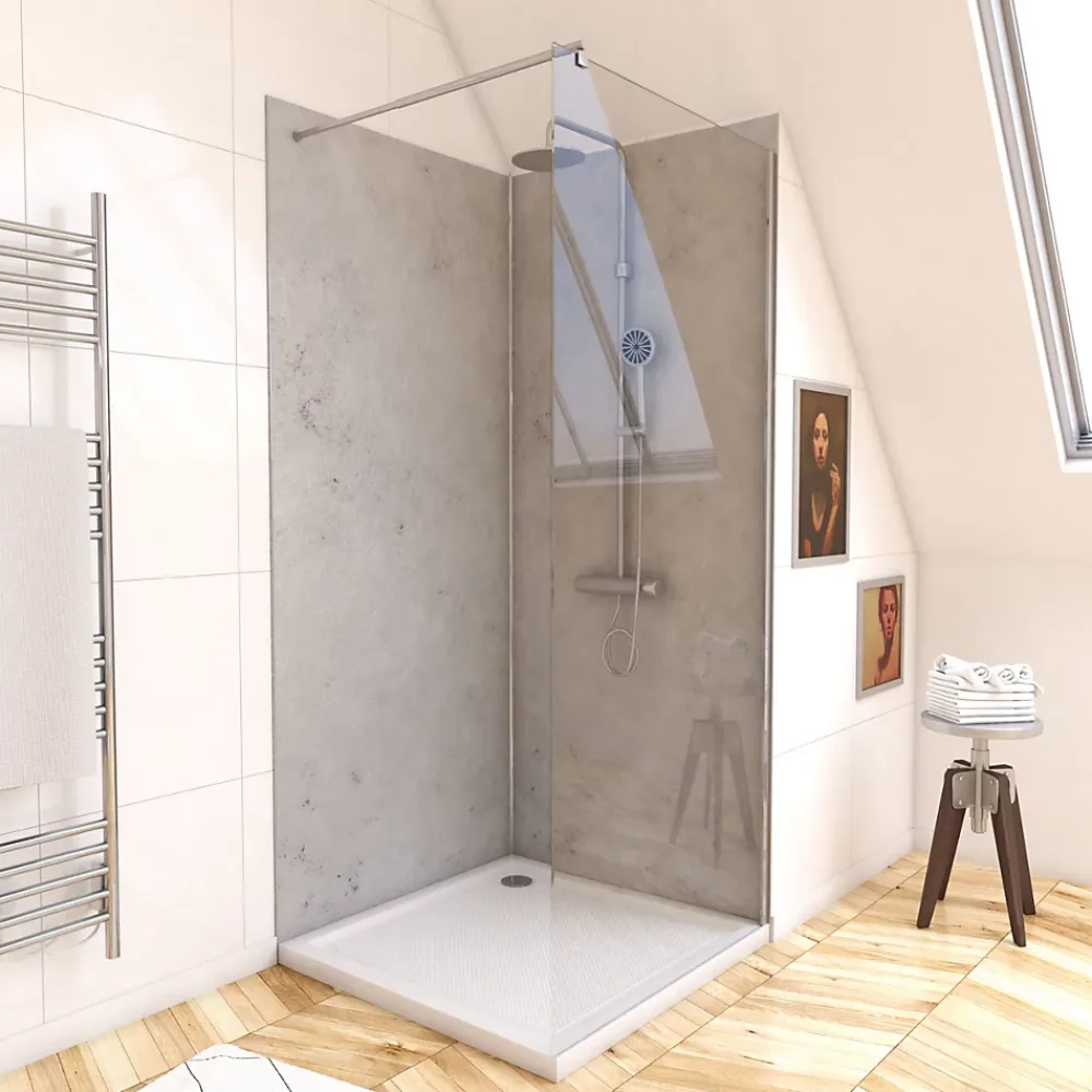 Galedo Pack de 2 panneaux muraux de salle de bains, gris effet pierre avec profilés chromés, l.90+90 x H.210 x P.0,3 cm, Homestone- Panneau Mural De Salle De Bains