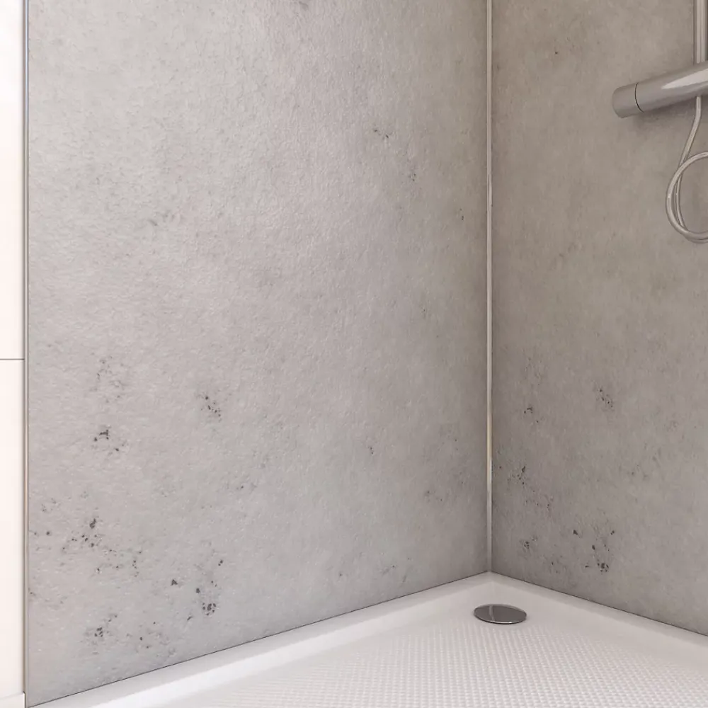 Galedo Pack de 2 panneaux muraux de salle de bains, gris effet pierre avec profilés chromés, l.90+90 x H.210 x P.0,3 cm, Homestone- Panneau Mural De Salle De Bains