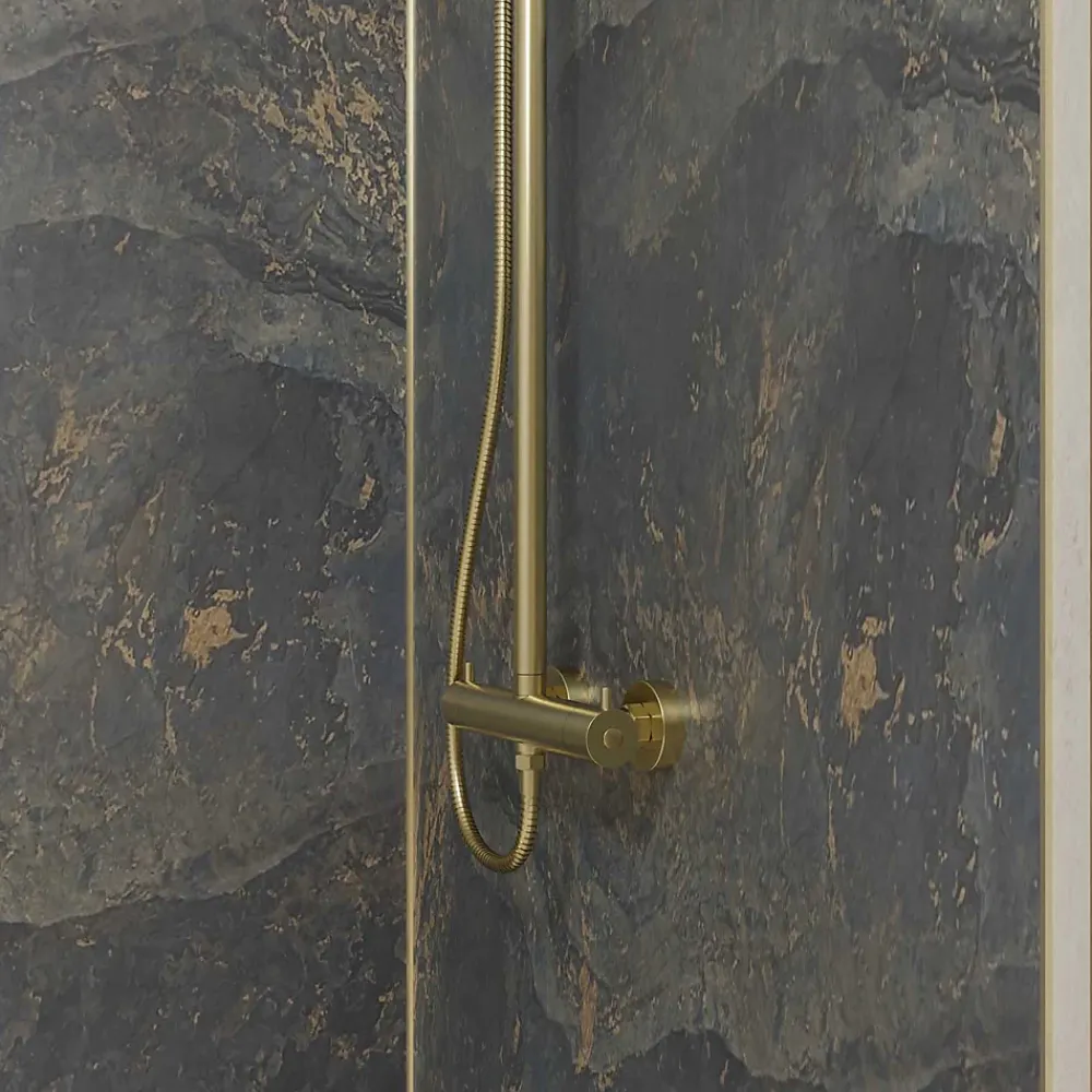 Galedo Pack de 2 panneaux muraux de salle de bains, gris et doré effet pierre avec profilés dorés, l.120+90 x H.210 x P.0,3 cm, Homestone- Panneau Mural De Salle De Bains