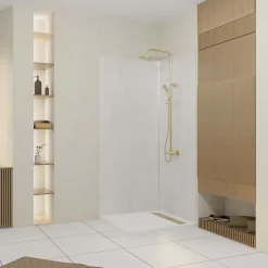 Galedo Panneau Mural De Salle De Bains<Pack de 2 panneaux muraux de salle de bains, blanc effet pierre avec profilés dorés, l.90+90 x H.210 x P.0,3 cm, Homestone