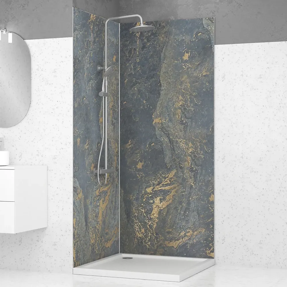 Galedo Panneau Mural De Salle De Bains<Pack de 2 panneaux muraux de salle de bains, gris et doré effet marbre avec profilés chromés, l.90+90 x H.210 x P.0,3 cm, Homestone