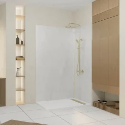 Galedo Panneau Mural De Salle De Bains<Pack de 2 panneaux muraux de salle de bains, blanc effet pierre avec profilés dorés, l.120+90 x H.210 x P.0,3 cm, Homestone