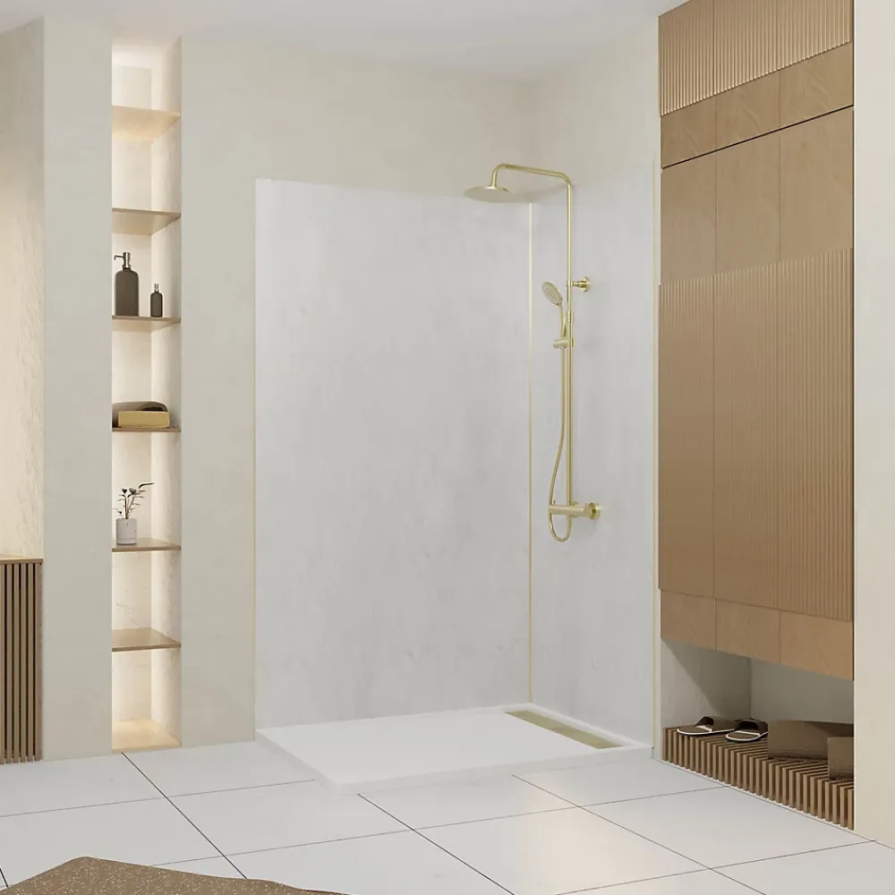 Galedo Panneau Mural De Salle De Bains<Pack de 2 panneaux muraux de salle de bains, blanc effet pierre avec profilés dorés, l.120+90 x H.210 x P.0,3 cm, Homestone
