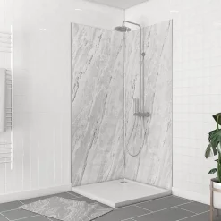 Galedo Panneau Mural De Salle De Bains<Pack de 2 panneaux muraux de salle de bains, gris effet marbre avec profilés chromés, l.90+90 x H.210 x P.0,3 cm, Homestone