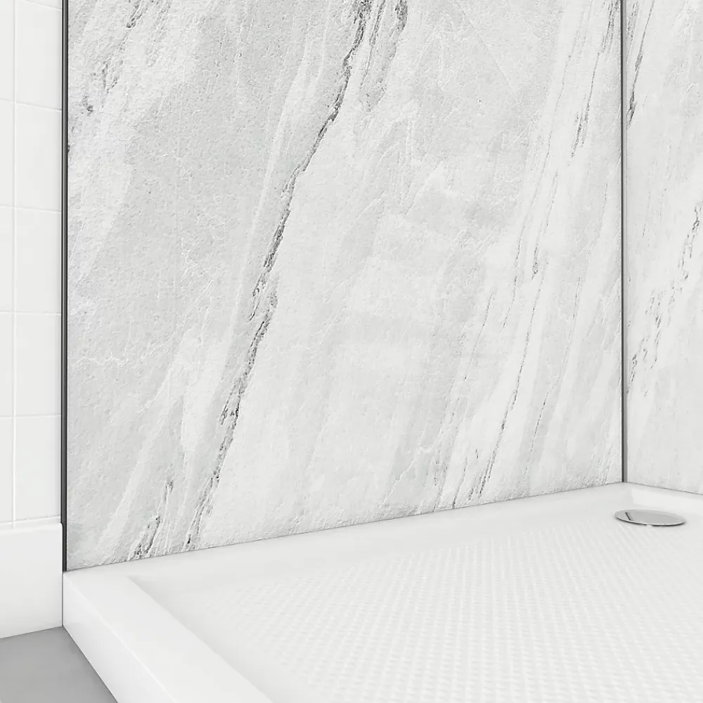 Galedo Pack de 2 panneaux muraux de salle de bains, blanc effet marbre avec profilés noirs, l.90+90 x H.210 x P.0,3 cm, Homestone- Panneau Mural De Salle De Bains