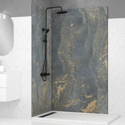Galedo Panneau Mural De Salle De Bains<Pack de 2 panneaux muraux de salle de bains, gris et doré effet marbre avec profilés noirs, l.120+90 x H.210 x P.0,3 cm, Homestone