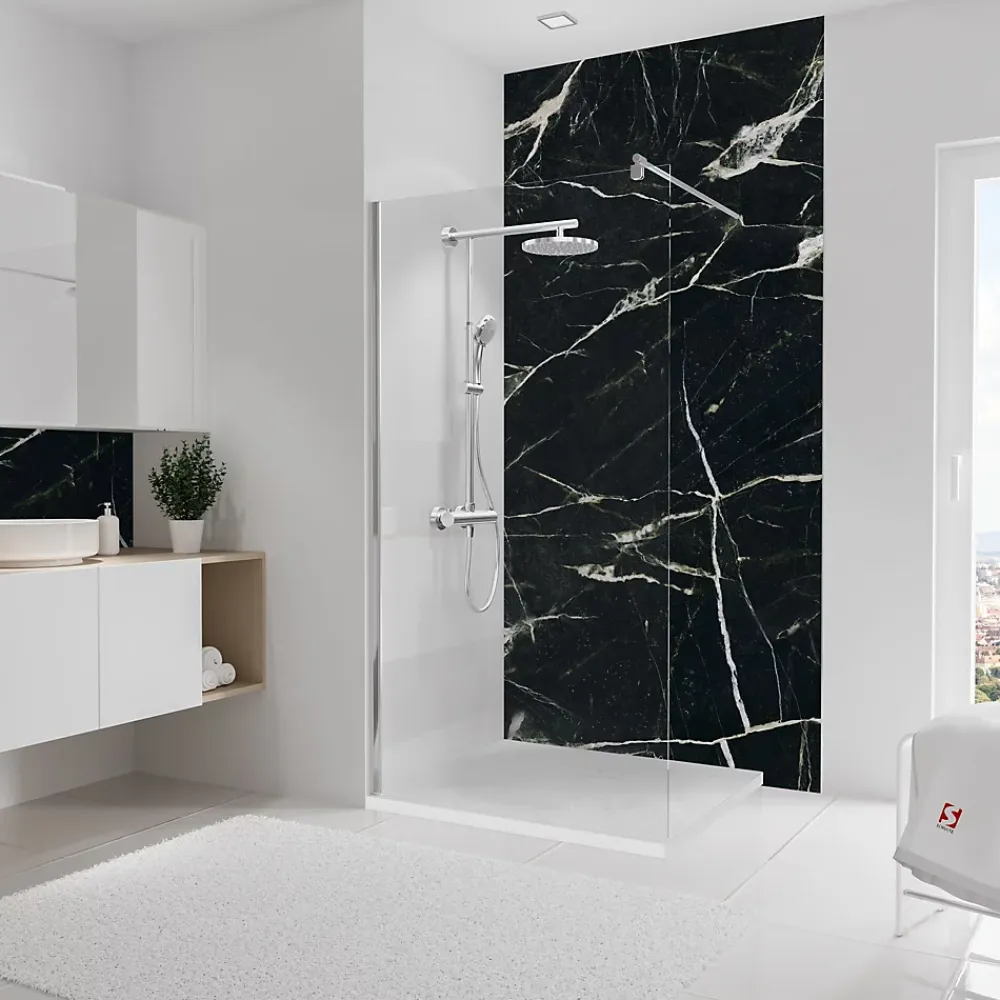 Schulte Pack de 2 panneaux muraux de salle de bains l.100 x H.255 cm, effet marbre noir et vert, DécoDesign Softtouch- Panneau Mural De Salle De Bains