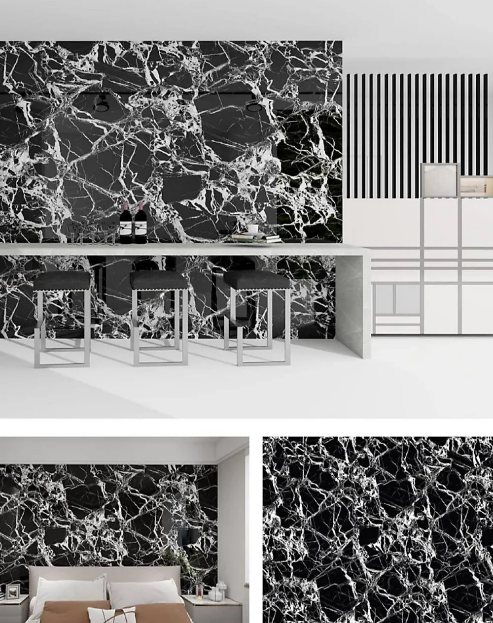 Wall Fashion Panneau Adhésif Décoratif Effet Marbre Noir et Blanc 250 x 120 x 0,3 cm- Lambris Mural