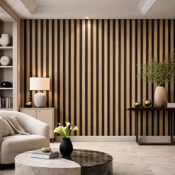 Divina Home Panneau décoratif à lattes de bois, lattes en MDF et feutre PET, lot de 12 pièces, 60x60 cm, revêtement mural insonorisant, chêne.- Panneau Mural Décoratif