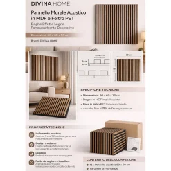 Divina Home Panneau décoratif à lattes de bois, lattes en MDF et feutre PET, lot de 12 pièces, 60x60 cm, revêtement mural insonorisant, chêne.- Panneau Mural Décoratif