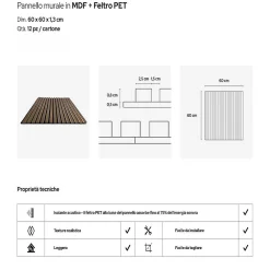 Divina Home Panneau décoratif à lattes de bois, lattes en MDF et feutre PET, lot de 12 pièces, 60x60 cm, revêtement mural insonorisant, chêne.- Panneau Mural Décoratif