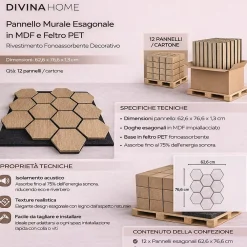 Divina Home Panneau Mural Décoratif<Panneau décoratif bois MDF motif hexagonal/feutre PET, lot de 12 (62x76cm), mural insonorisant, chêne