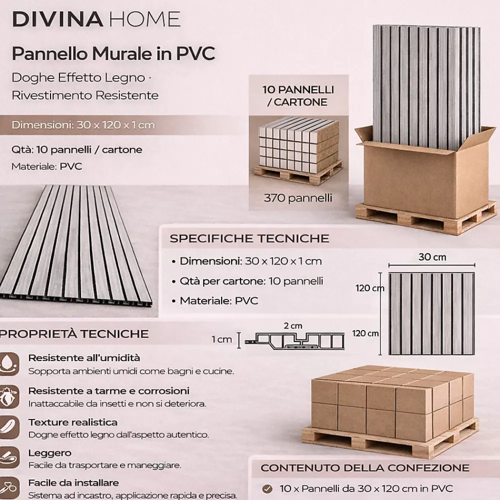 Divina Home Panneau Mural Décoratif<Panneau décoratif en PVC imitation lattes de bois, lot de 10 pièces, 120x30 cm, revêtement mural chêne