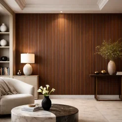 Divina Home Panneau décoratif en PVC imitation lattes de bois, lot de 10 pièces, 120x30 cm, revêtement mural noyer clair- Panneau Mural Décoratif