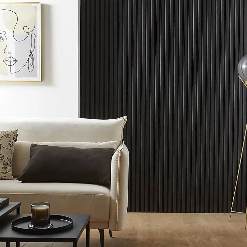 Decoon Panneau Tasseau Bois<Panneau mural acoustique tasseaux bois 250 x 30 x 1,9 cm - Lamelles placage noir fond noir - 0,75m²