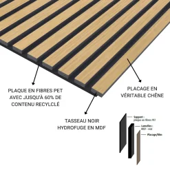 Wood&Sens Panneau mural acoustique tasseaux MDF placage chêne véritable , L.267 cm x l.57,25 cm x Ep. 19 mm- Panneau Tasseau Bois