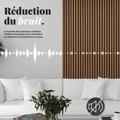 Decoon Panneau mural acoustique tasseaux bois 250 x 30 x 1,9 cm - Lamelles chêne clair véritable sur fond noir - 0,75m²- Panneau Tasseau Bois