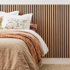 Decoon Panneau mural tasseau bois 120 x 30 x 1 cm - Lamelles chêne clair véritable fond noir 0,36 m²- Panneau Tasseau Bois