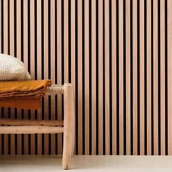 Decoon Panneau mural tasseau bois 120 x 30 x 1 cm - Lamelles chêne clair véritable fond noir 0,36 m²- Panneau Tasseau Bois