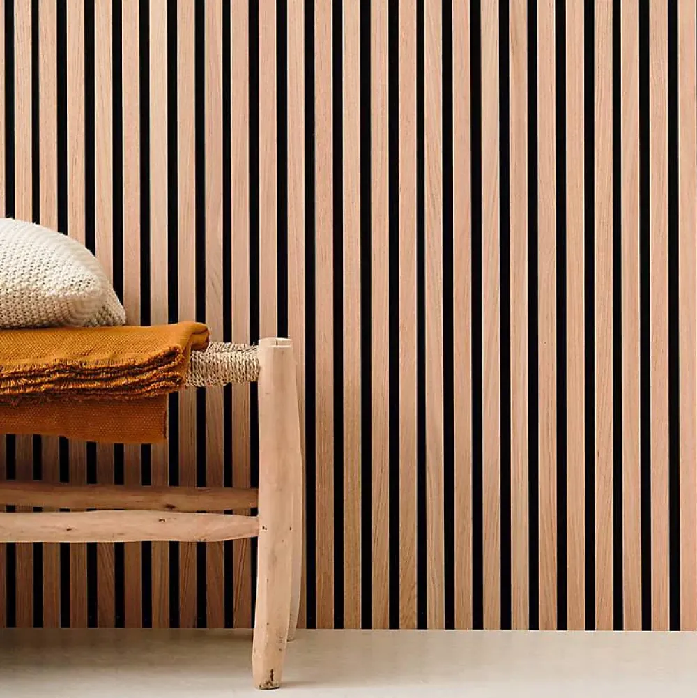 Decoon Panneau mural tasseau bois 120 x 30 x 1 cm - Lamelles chêne clair véritable fond noir 0,36 m²- Panneau Tasseau Bois