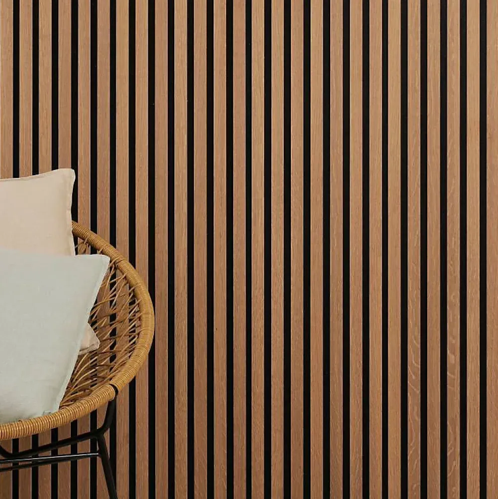 Decoon Panneau tasseaux bois 250 x 30 x 1cm - Lamelles chêne doré véritable fond noir - 0,75m²- Panneau Tasseau Bois