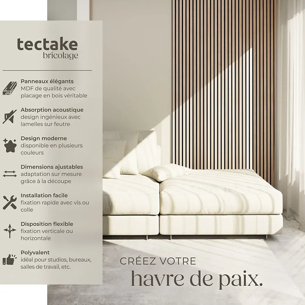 Tectake Panneaux acoustiques modernes aspect bois en MDF 120 x 60 x 2,1 cm- Panneau Tasseau Bois