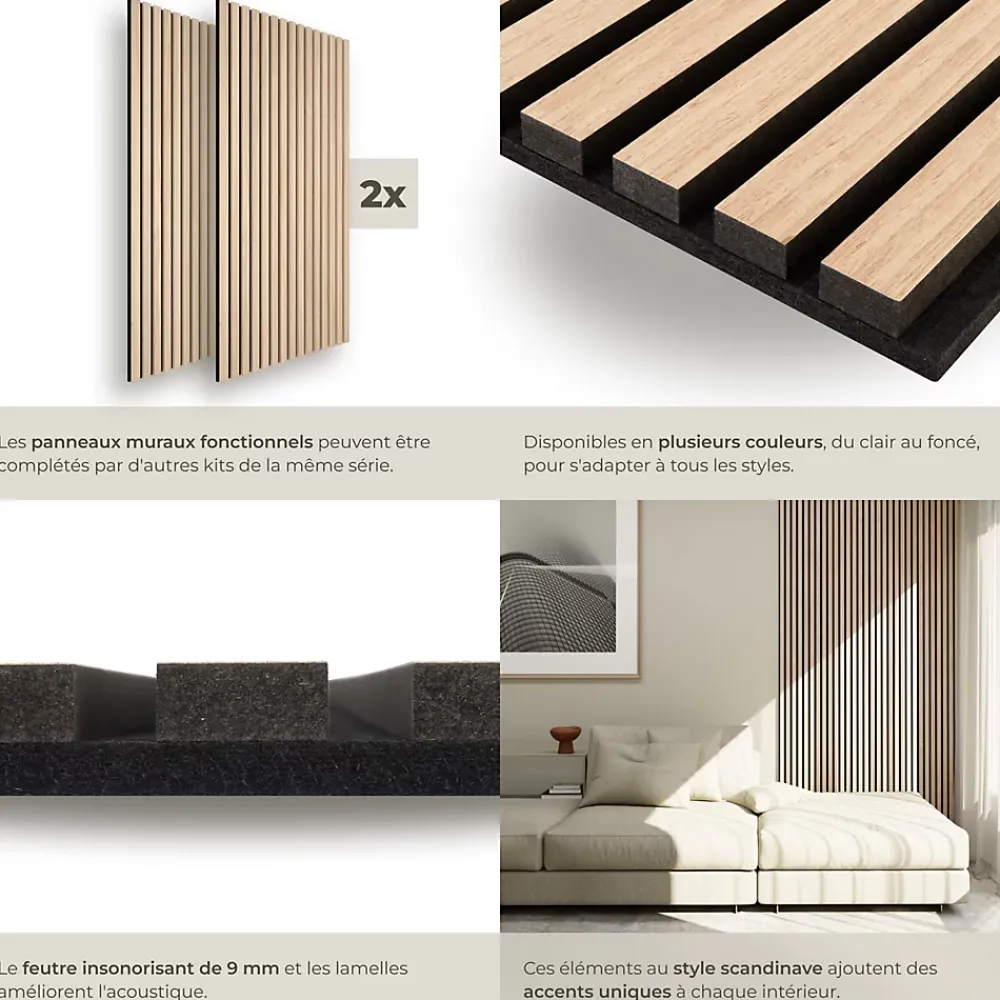 Tectake Panneaux acoustiques modernes aspect bois en MDF 120 x 60 x 2,1 cm- Panneau Tasseau Bois