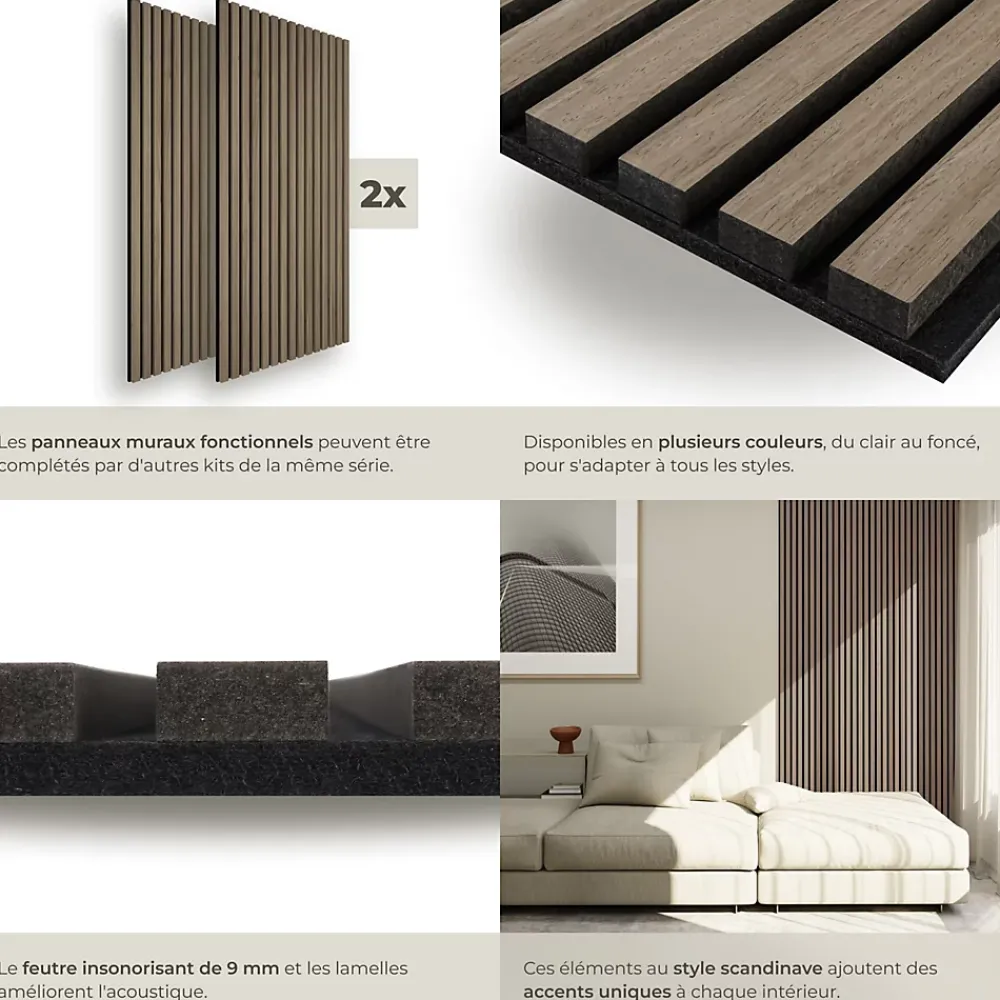 Tectake Panneaux acoustiques modernes aspect bois en MDF 120 x 60 x 2,1 cm- Panneau Tasseau Bois