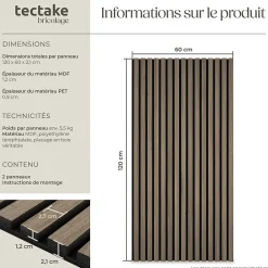 Tectake Panneaux acoustiques modernes aspect bois en MDF 120 x 60 x 2,1 cm- Panneau Tasseau Bois