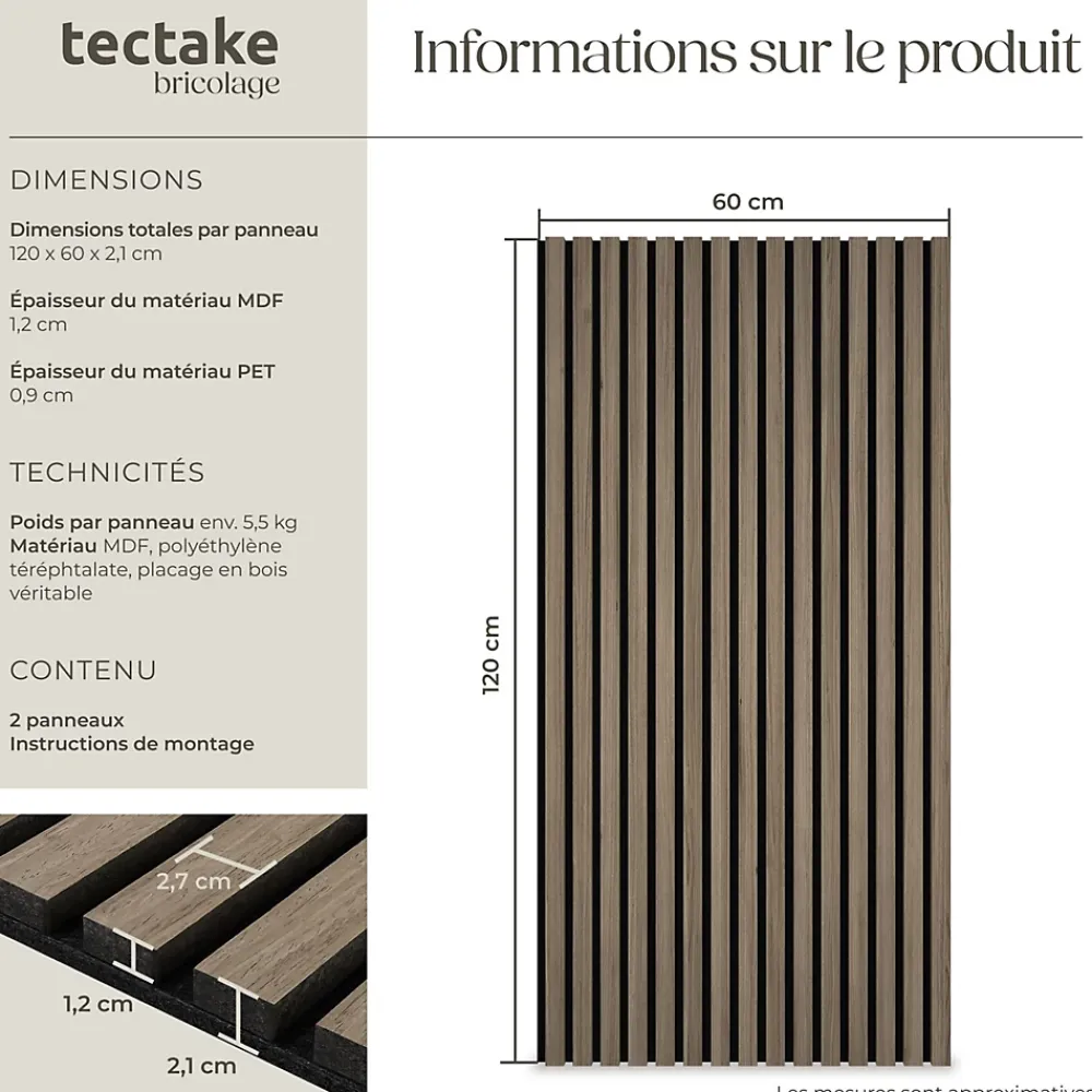 Tectake Panneaux acoustiques modernes aspect bois en MDF 120 x 60 x 2,1 cm- Panneau Tasseau Bois