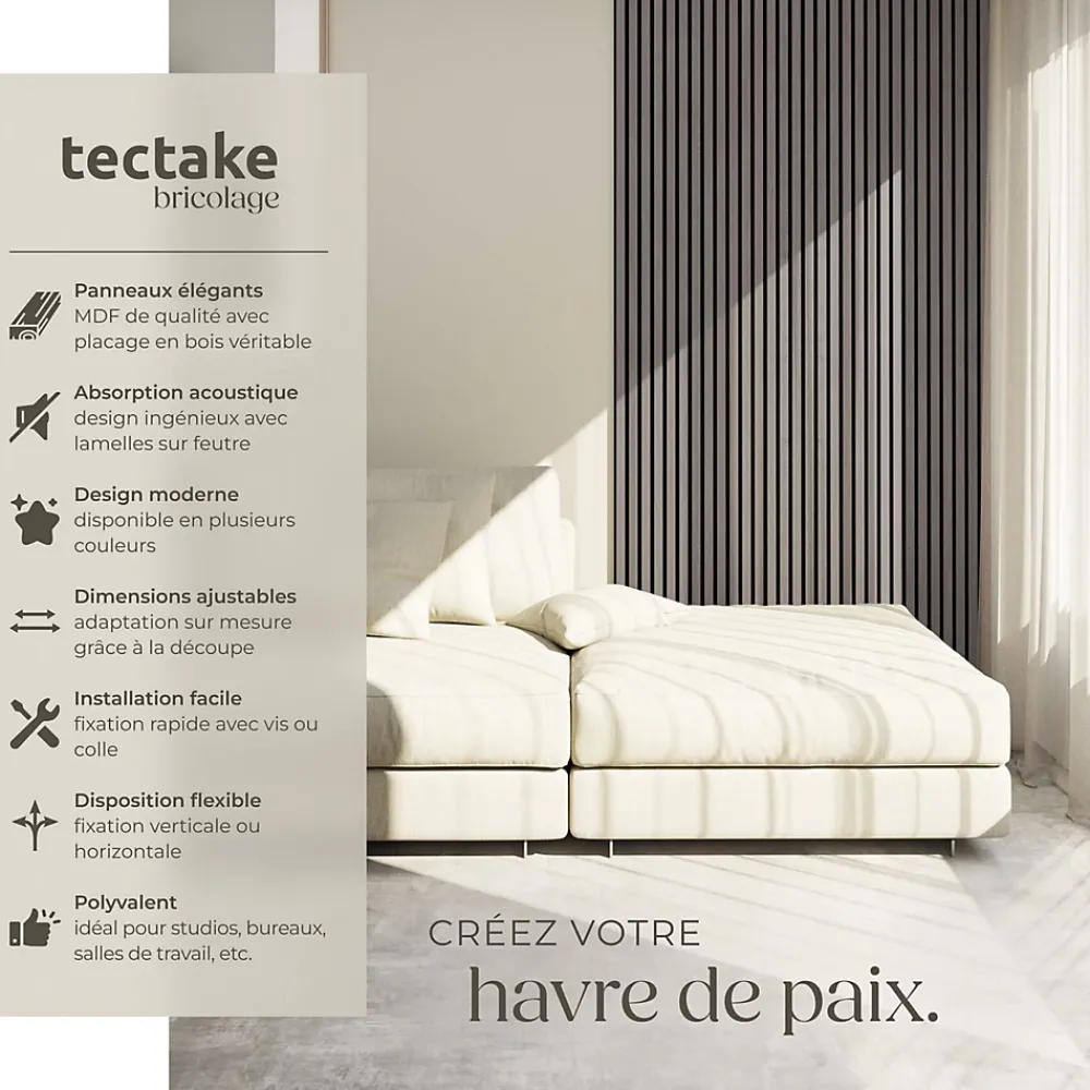 Tectake Panneaux acoustiques modernes aspect bois en MDF 120 x 60 x 2,1 cm- Panneau Tasseau Bois