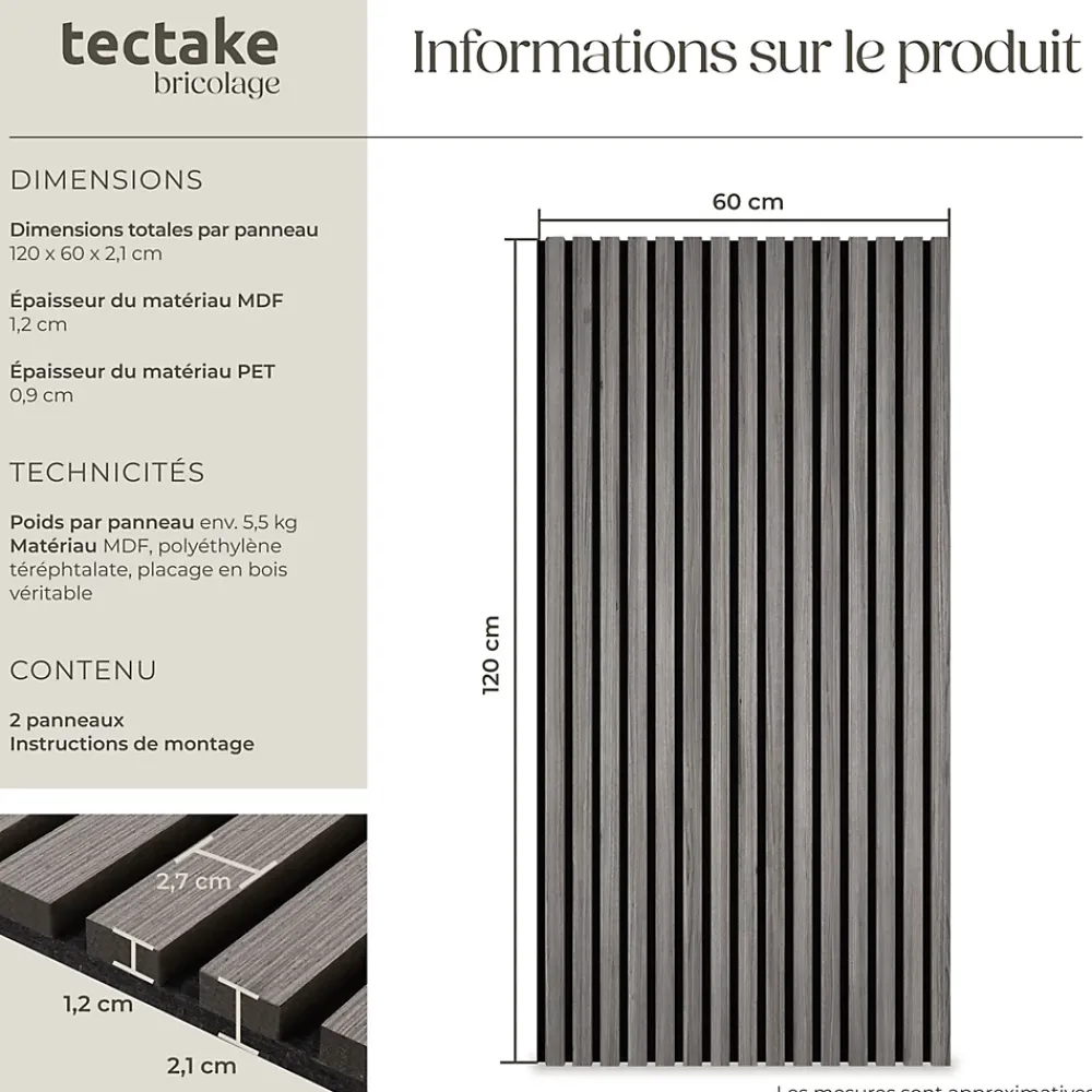 Tectake Panneaux acoustiques modernes aspect bois en MDF 120 x 60 x 2,1 cm- Panneau Tasseau Bois