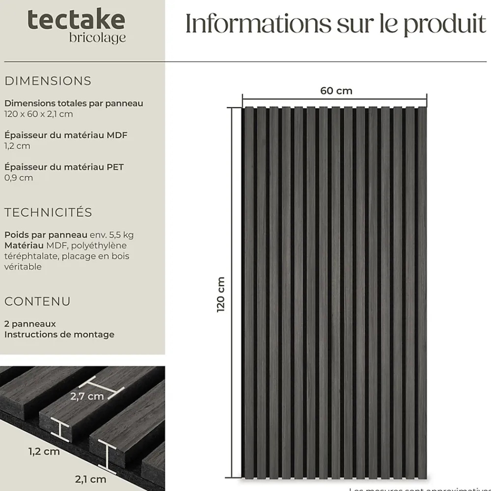 Tectake Panneaux acoustiques modernes aspect bois en MDF 120 x 60 x 2,1 cm- Panneau Tasseau Bois