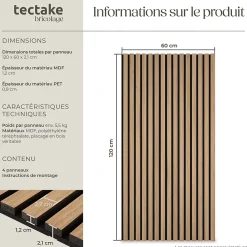 Tectake Panneaux acoustiques modernes aspect bois en MDF 120 x 60 x 2,1 cm- Panneau Tasseau Bois