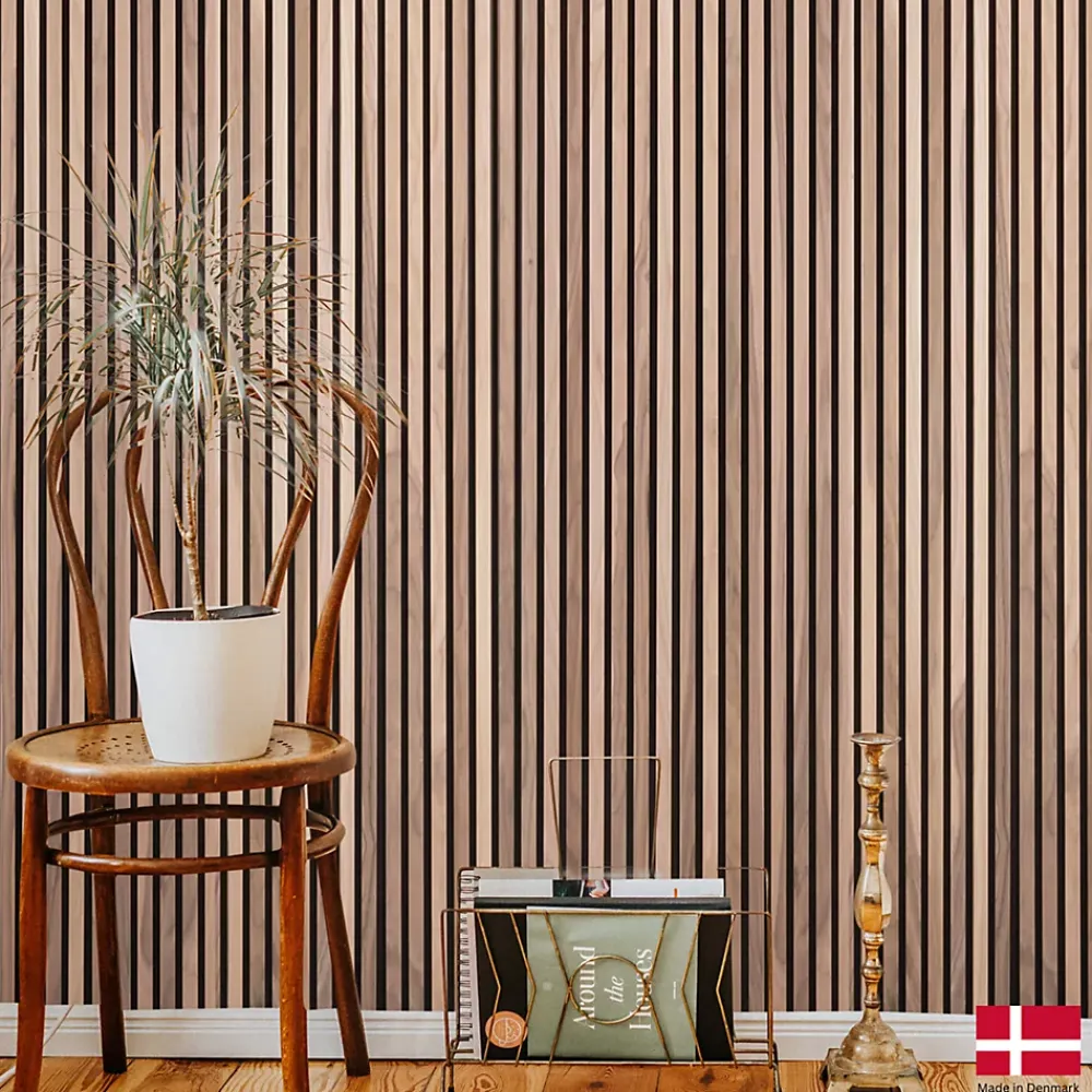 Nordic Acoustics Panneau Tasseau Bois<Panneaux muraux acoustiques décoratifs PREMIUM en placage bois véritable, couleur noyer sur MDF noir, 240x60 cm