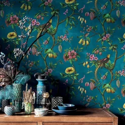 Lutèce Papier peint Bloom vinyle intissé oiseau paradis bleu pétrole- Papier Peint