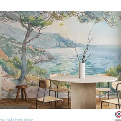 Ma Crédence Déco Papier peint Callanque de Cassis, Aquarelle 2 - Intissé - 400 cm - 280 cm - MaCrédenceDéco- Papier Peint Panoramique