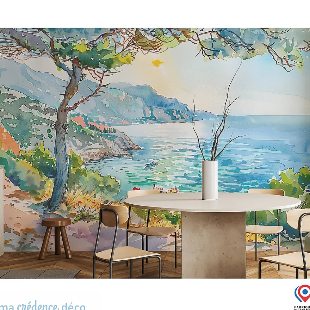 Ma Crédence Déco Papier peint Callanque de Cassis, Aquarelle 2 - Intissé - 400 cm - 280 cm - MaCrédenceDéco- Papier Peint Panoramique
