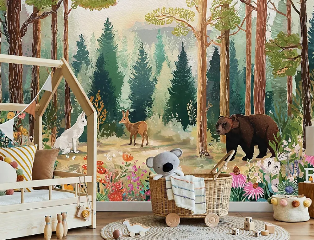 Wallarena Papier Peint Enfant Forêt Arbres Animaux Intissé Panoramique 350x250 cm - Colle Inclus - Chambre Enfant - Moderne Papier Peint- Papier Peint Panoramique