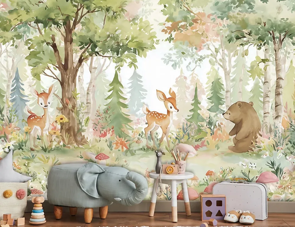 Wallarena Papier Peint Enfant Forêt Animaux Intissé Panoramique 400x280 cm - Colle Inclus - Chambre Enfant - Moderne Papier Peint- Papier Peint Panoramique