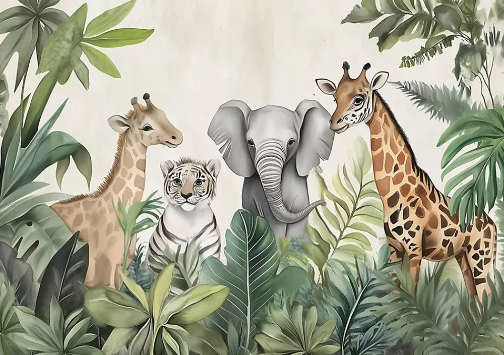 Wallarena Papier Peint Enfant Intissé Panoramique Pour Enfant Chhambre Jungle Animaux 250x175- Papier Peint Panoramique