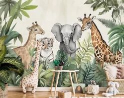 Wallarena Papier Peint Enfant Intissé Panoramique Pour Enfant Chhambre Jungle Animaux 250x175- Papier Peint Panoramique