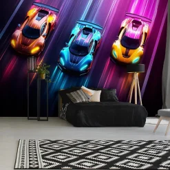 Wallarena Papier Peint Enfant Voitures Intissé Panoramique 300x210 cm - Colle Inclus - Moderne Papier Peint pour Chambre Enfant- Papier Peint Panoramique