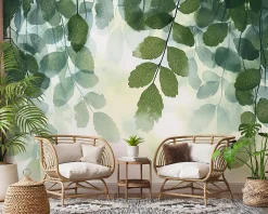 Wallarena Papier Peint Panoramique<Papier Peint Feuilles Vert Panoramique Intissé 350x250 cm - Colle Inclus - Moderne Papier Peint Intissé Chambre Salon