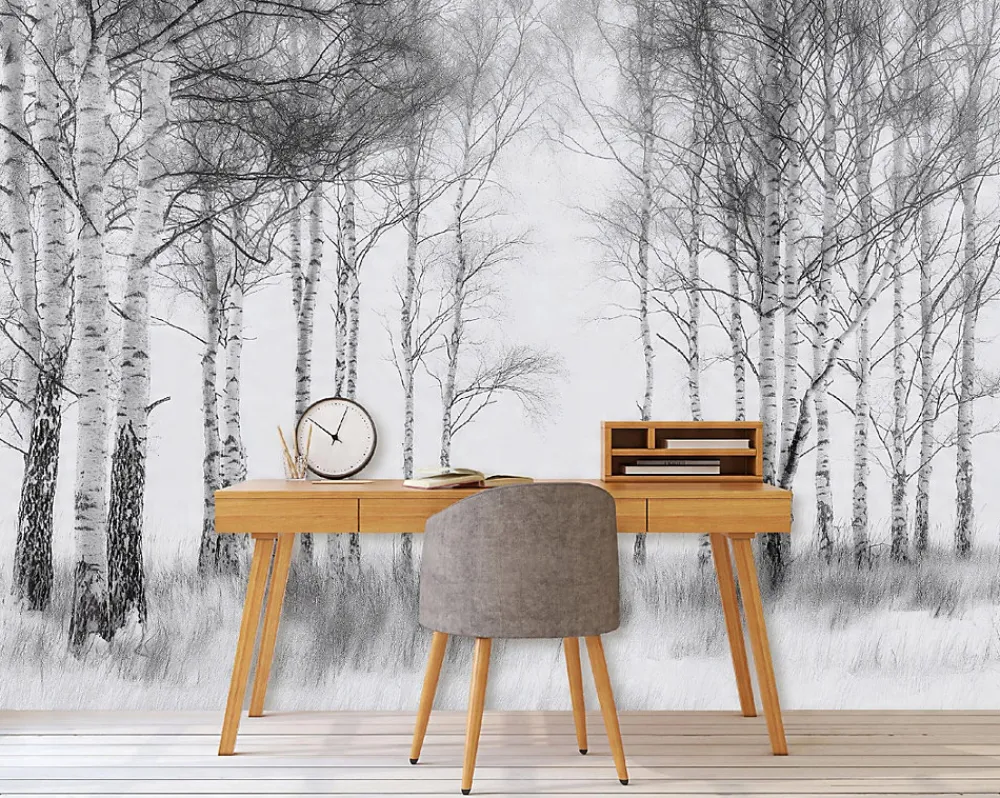 Wallarena Papier Peint Forêt Arbres Noir et blanc Intissé Panoramique Pour Chambre Cuisine 300x210 cm- Papier Peint Panoramique