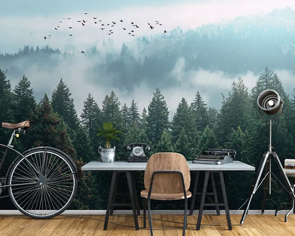 Wallarena Papier Peint Forêt dans la brume Arbres Intissé Panoramique Pour Chambre Cuisine 350x250 cm- Papier Peint Panoramique